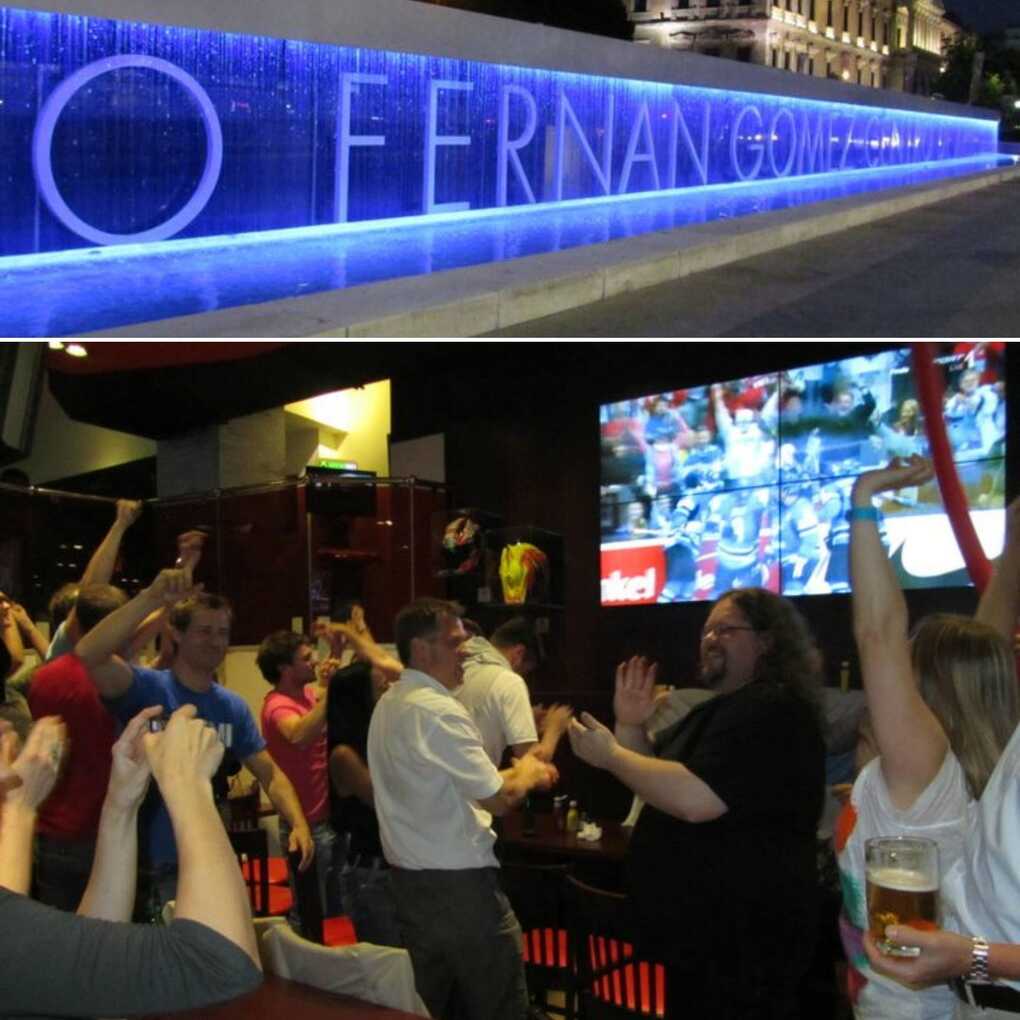 Collage of two photos: at the top, the wall of Teatro Fernán Gómez theatre; at the bottom, celebrations in a sports bar