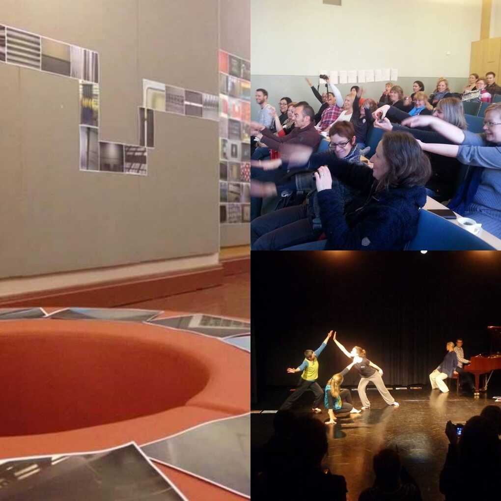 Collage of 3 photos: an exhibition wall, seminar participants waving their hands in an auditorium and a dance performance on stage accompanied by a piano