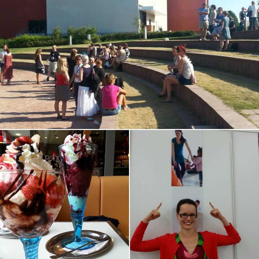 Collage of 3 photos: people discussing in an amphitheatre, two ice cream portions and Kati standing under a poster that she is in