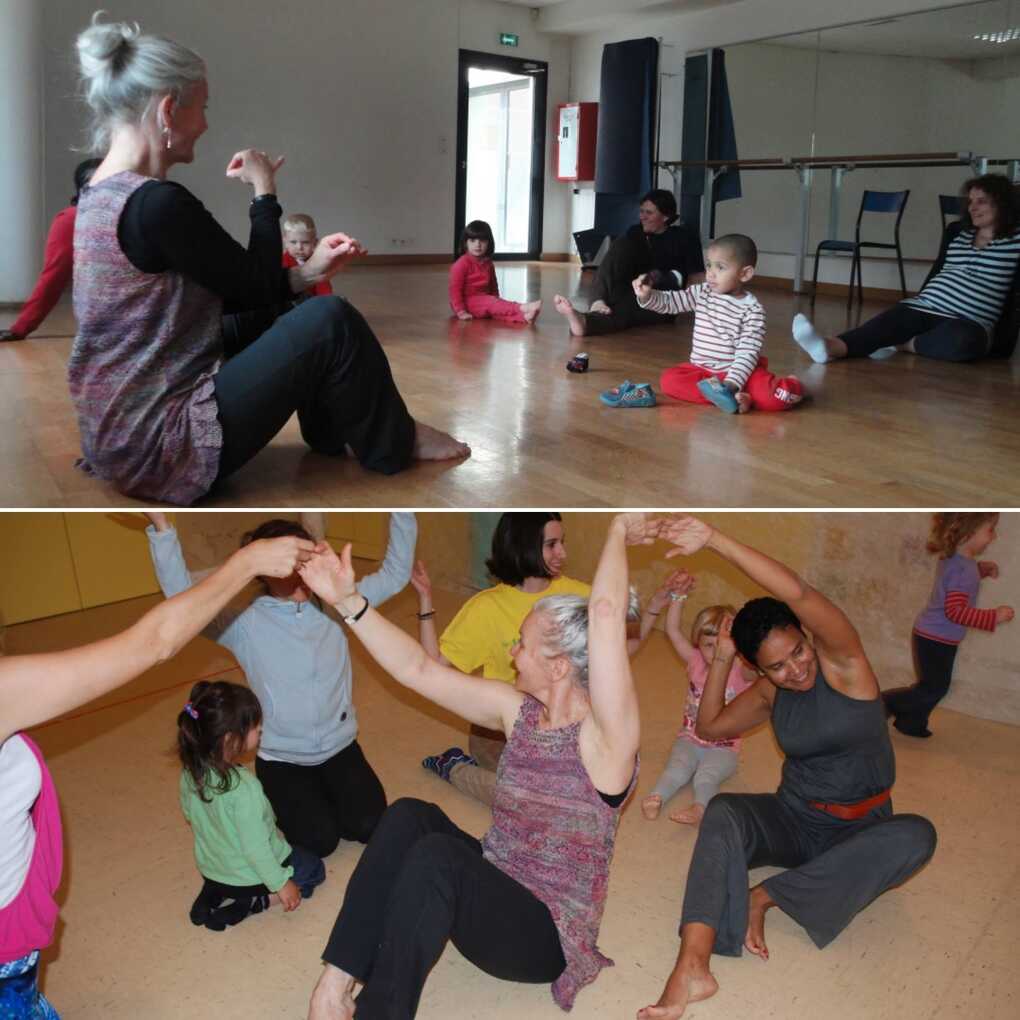 Two workshop photos: at the top, children and adults are sitting facing the instructor; at the bottom, the instructor, adults and children are sitting down holding each others' hands