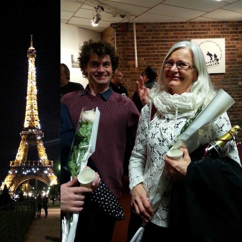 Two photos: on the left, an illuminated Eiffel tower at night; on the right, Päivi with flowers and a champagne bottle in her hands among other people after a performance