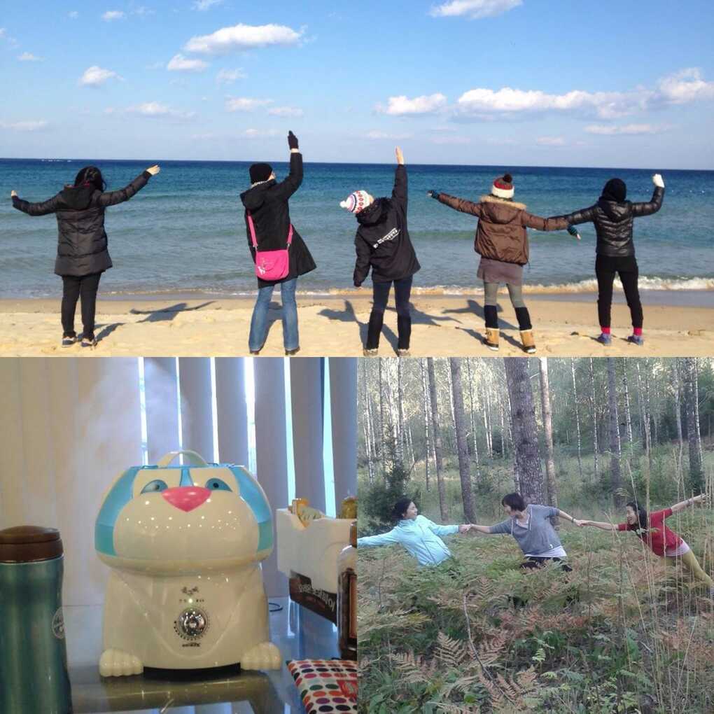 Collage of 3 photos: people in winter clothes on the seashore, a household appliance shaped like an animal and three women in a line in a Finnish forest
