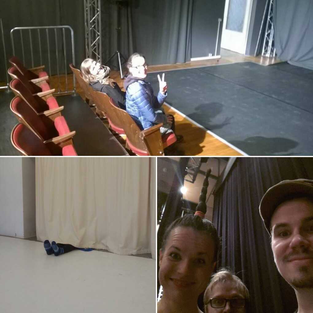 Collage of 3 photos: two women in theatre audience, legs showing up under a wall curtain and a three-person selfie in front of a stage curtain