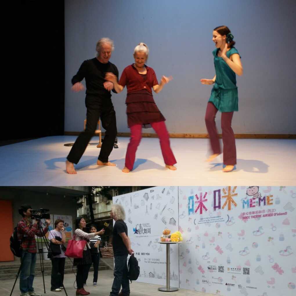 Two photos: at the top, three Me-Me performers dancing together and laughing; at the bottom, the musician being interviewed for TV, with a Me-Me performance backdrop