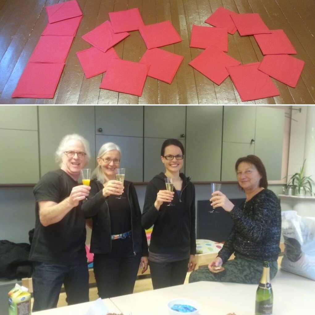 Two photos: at the top, seat cushions laid out on the floor form the number 100; at the bottom, the four-person Me-Me workgroup toasting in a backroom