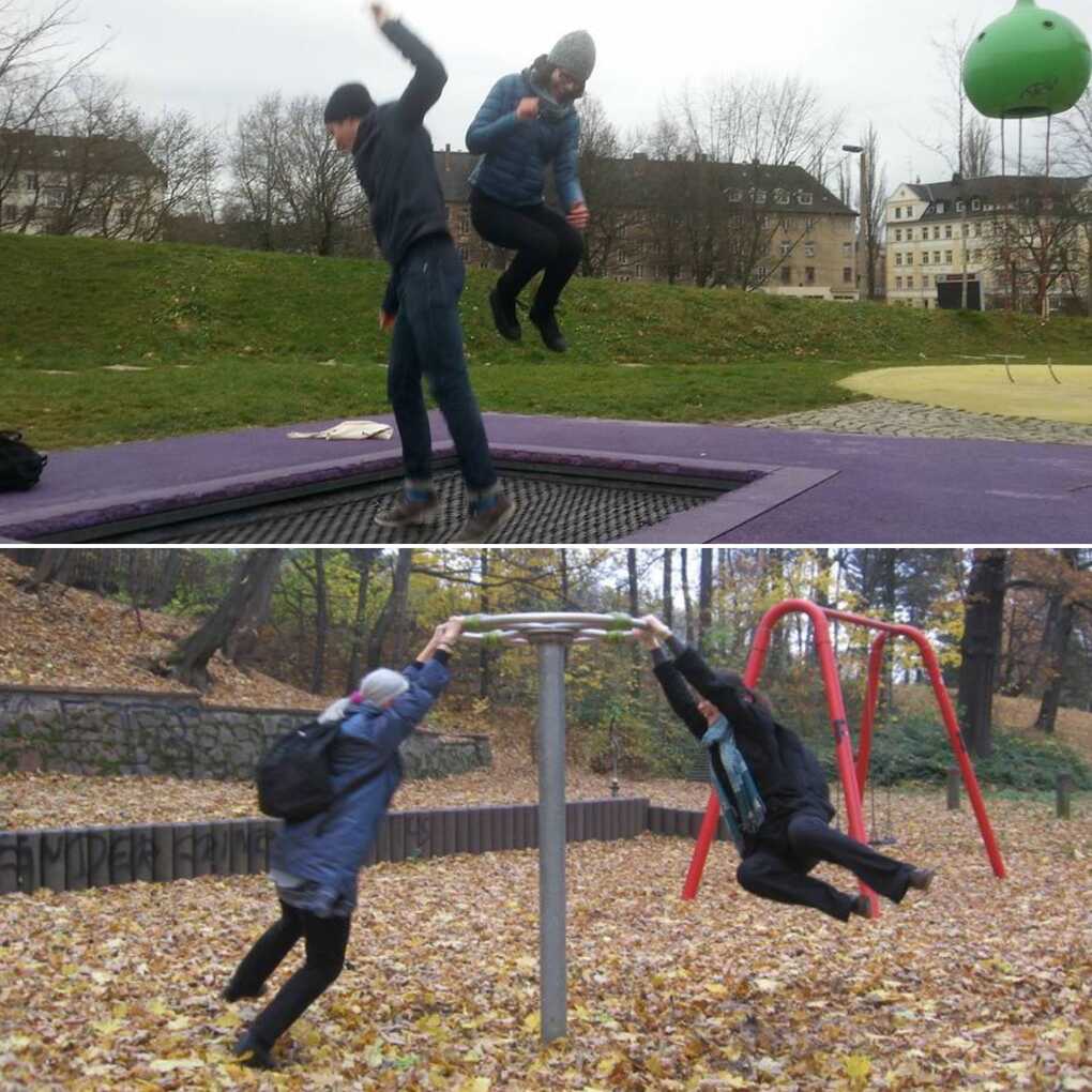 Two photos from a playground park where two people are bouncing on a trampoline and hanging from a swirling pole
