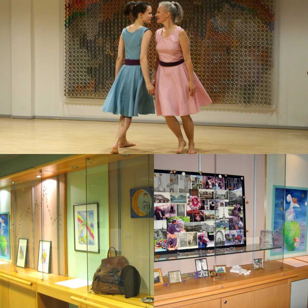 Collage of 3 photos: one photo of two dancers at the top, and two photos of exhibition showcases at the bottom