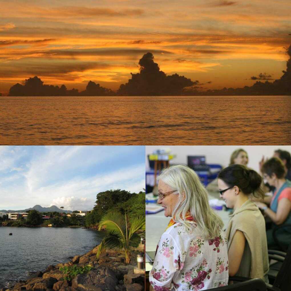 Collage of 3 photos: two photos of beautiful Martinique views and one photo of people around a meeting table