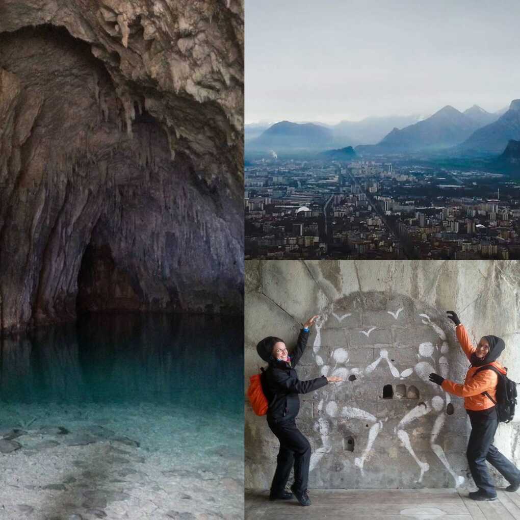 Collage of 3 photos of a cave pond, a city view from a high place and wall paintings of humans and birds