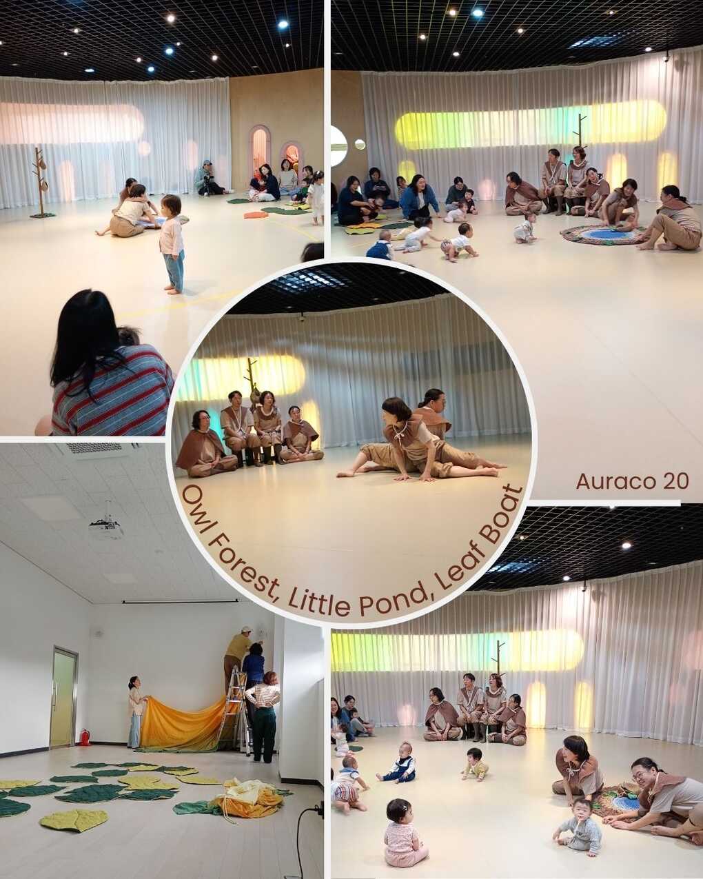 Collage of 4 performance photos and one about setting up a wall curtain, with the text "Owl Forest, Little Pond, Leaf Boat" in the middle