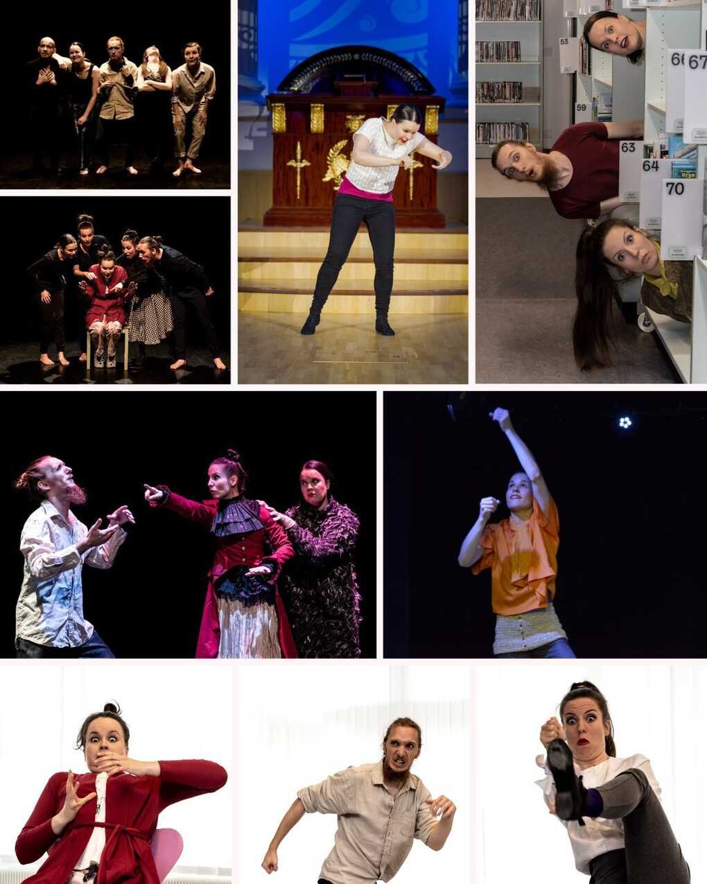 Collage of 9 mime performance photos with various shapes