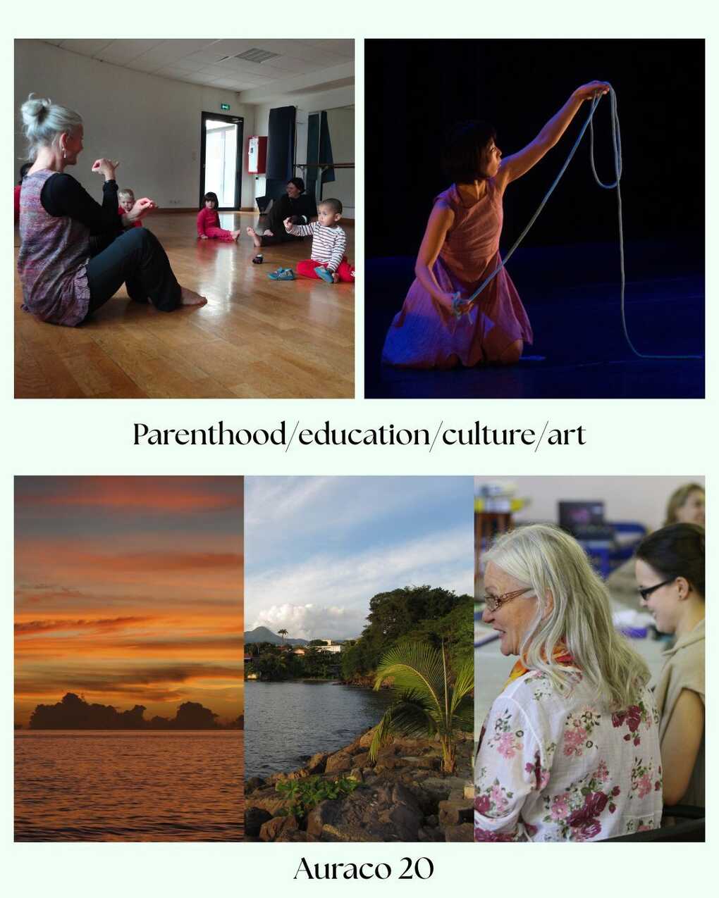 Collage of 5 photos about a workshop, a performance, Martinique views and a meeting, with the text "Parenthood/education/culture/art" in the middle