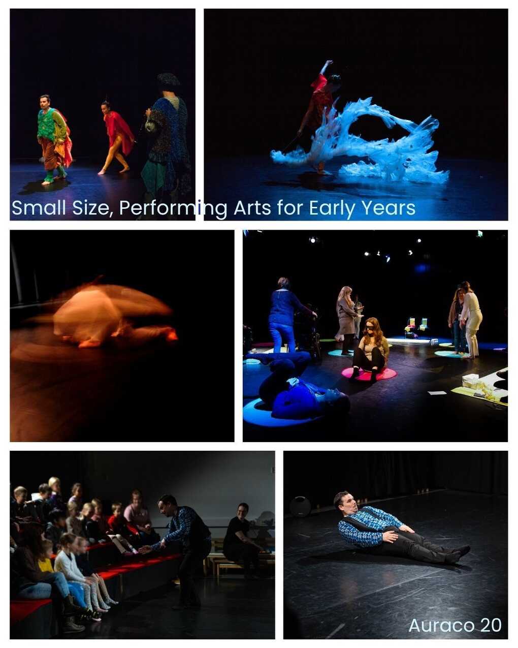 Collage of 6 performance photos, with the text "Small Size, Performing Arts for Early Years" at the top