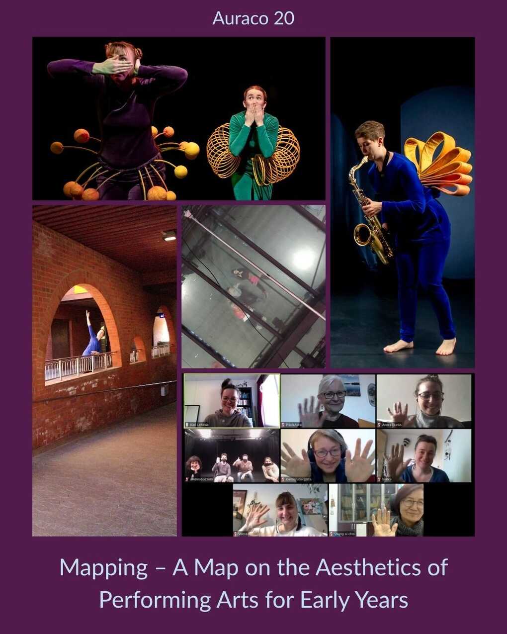 Collage of three performance photos, one workshop photo and one screenshot of an online meeting, with the text "Mapping – A Map on the Aesthetics of Performing Arts for Early Years" at the bottom