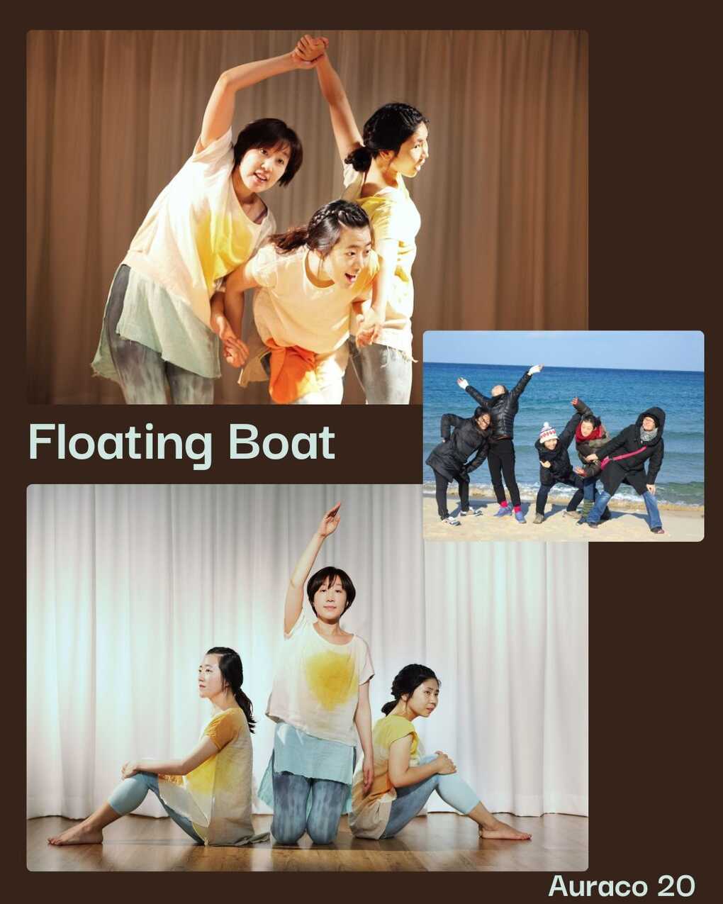 Collage of two performance photos and one photo of the working group on the seashore in winter clothers, with the text "Floating Boat" in the middle