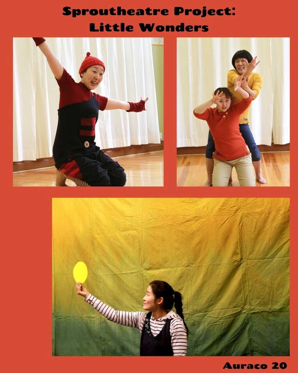 Collage of 3 colourful performance photos, with the text "Sproutheatre Project: Little Wonders" at the top
